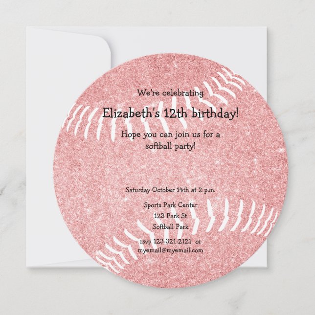 pink girly softball themed birthday party announcement (Front)