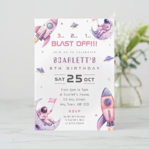 Pink Girly Space Astronauts Birthday Party Invite