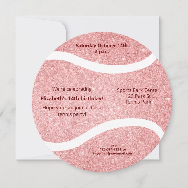 Pink girly tennis ball sports themed birthday  announcement (Front)