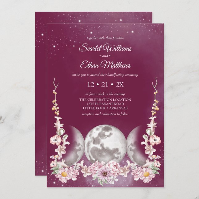 Pink Girly Triple Moon Floral Starry Handfasting Invitation (Front/Back)