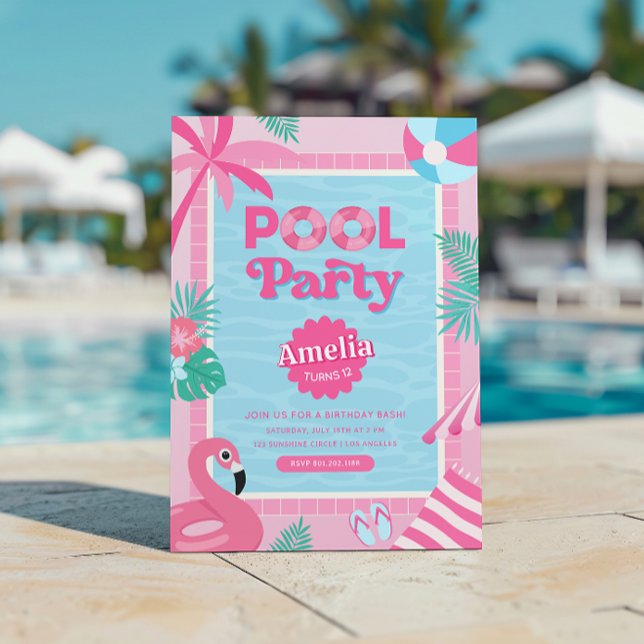 Pink Girly Tropical Pool Party Invitation (Creator Uploaded)