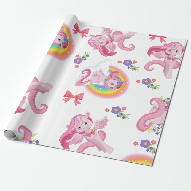 Pink Girly Unicorn Rainbow Pattern Wrapping Paper (Unrolled)