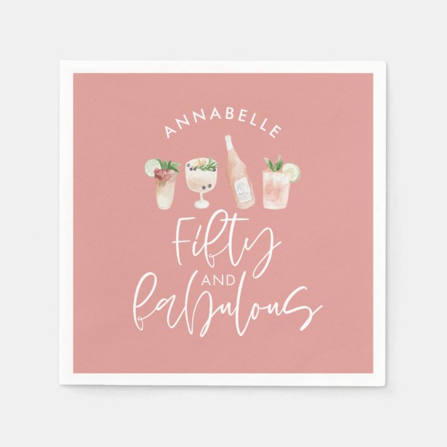 Pink girly watercolor 50 and fabulous birthday napkin (Front)