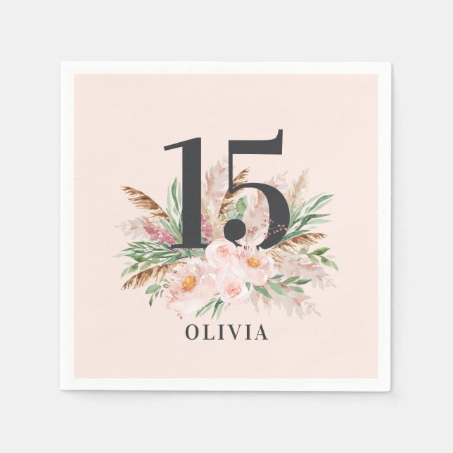 Pink girly watercolor floral age elegant birthday  napkin (Front)