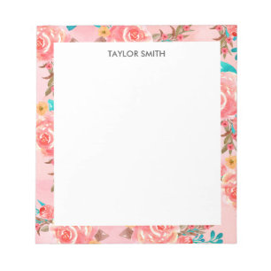 Pink Girly Watercolor Floral Pattern Personalised Notepad