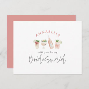 Pink girly watercolor painted drinks bridesmaid invitation