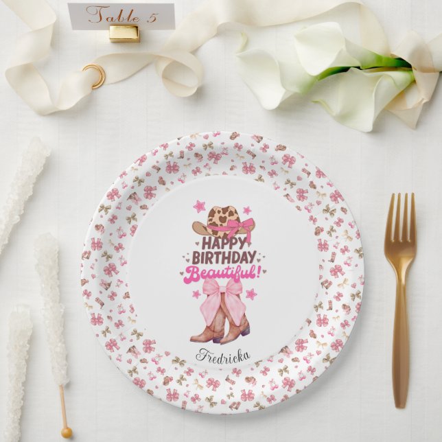 Pink Girly Western Cowgirl Happy Birthday Custom Paper Plate (Wedding)