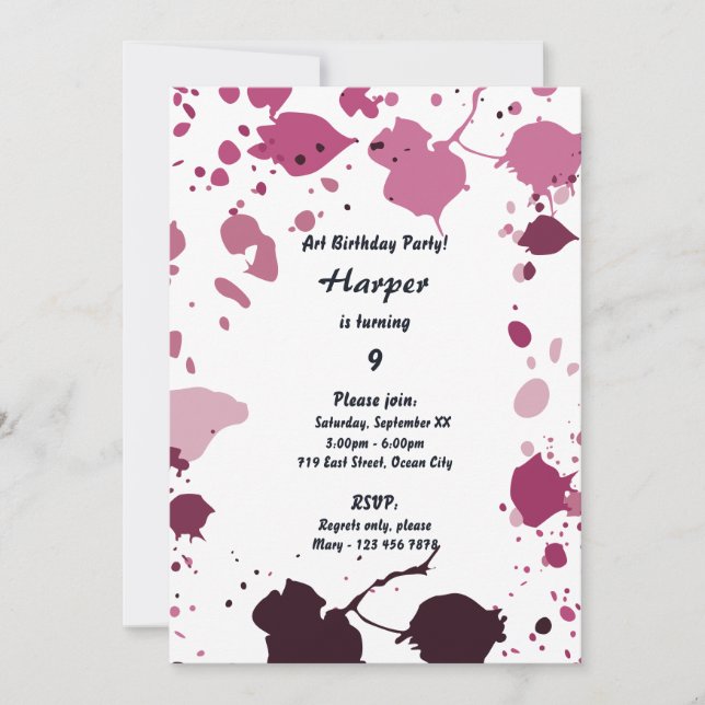 Pink Girs Art Themed 9th Birthday Party Invitation (Front)