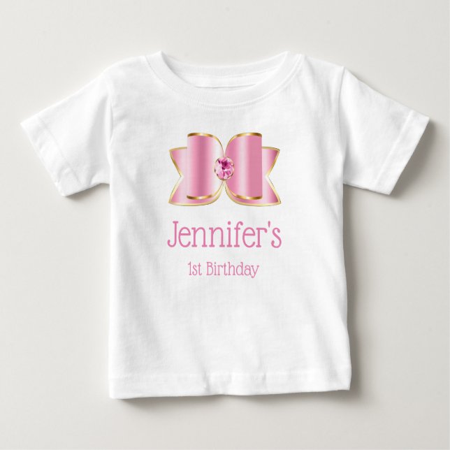 Pink Glam Bow with a Centre Gemstone 1st Birthday Baby T-Shirt (Front)