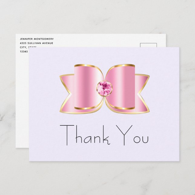 Pink Glam Bow with a Centre Gemstone Thank You Postcard (Front/Back)