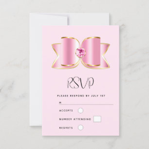 Pink Glam Bow with a Centre Gemstone Wedding RSVP Card
