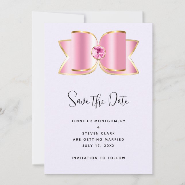 Pink Glam Bow with a Centre Gemstone Wedding Save The Date (Front)