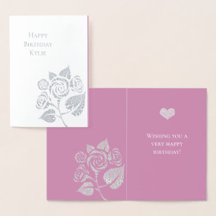 Pink Glam Diamonds Rose Floral Birthday Foil Card