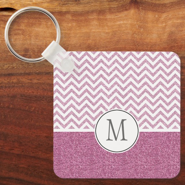 Pink Glam Faux Glitter Chevron Key Ring (Front)