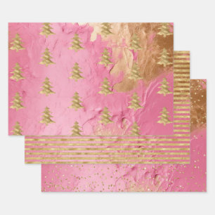 Pink Glam Gold Christmas Tree Stripes Sparkle     Wrapping Paper Sheet