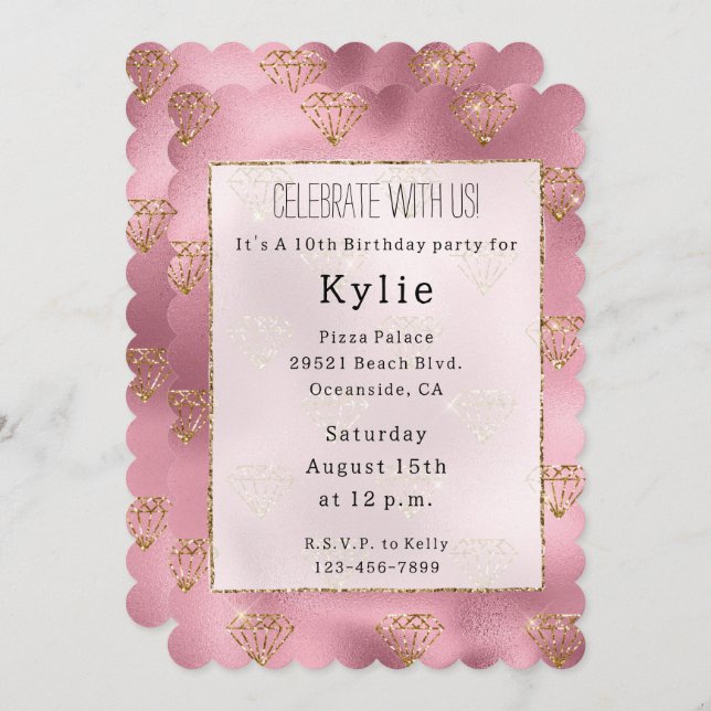 Pink Glam Gold Diamonds Invitation (Front/Back)