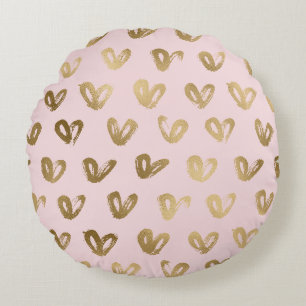 Pink Glam Gold Hearts Round Cushion
