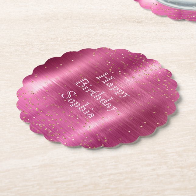 Pink Glam Gold Sparkle Confetti Birthday Paper Coaster (Angled)