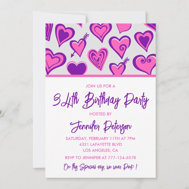Pink Glam Heart Pattern 34th birthday invitations  (Front)
