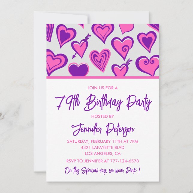 Pink Glam Heart Pattern 79th birthday invitations  (Front)