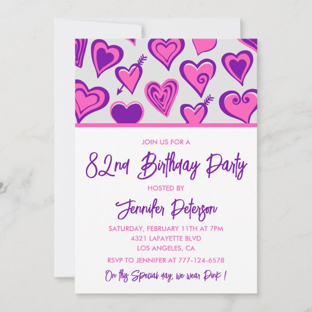 Pink Glam Heart Pattern 82nd birthday invitations  (Front)