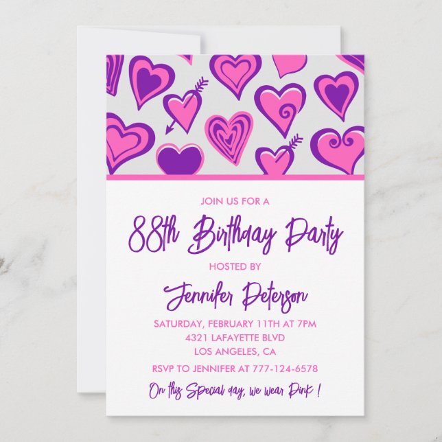 Pink Glam Heart Pattern 88th birthday invitations  (Front)