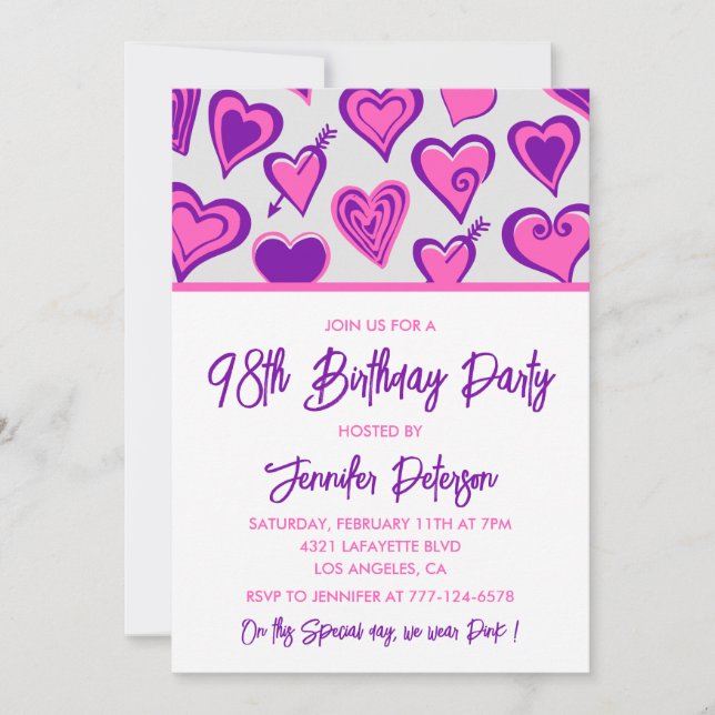 Pink Glam Heart Pattern 98th birthday invitations  (Front)