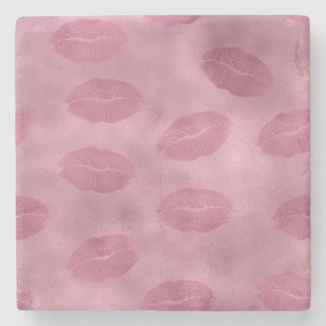 Pink Glam Lips Stone Coaster (Front)