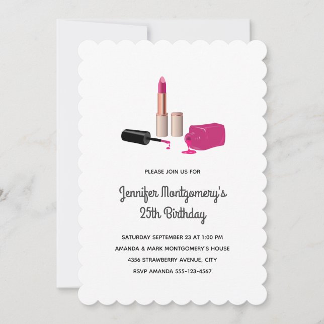 Pink Glam Lipstick & Nail Polish Beauty Birthday Invitation (Front)