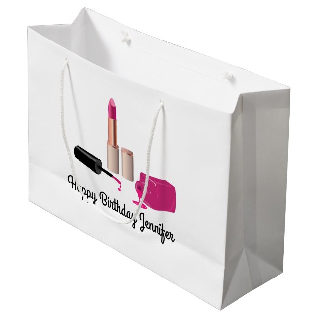 Pink Glam Lipstick & Nail Polish Beauty Themed Large Gift Bag (Front Angled)