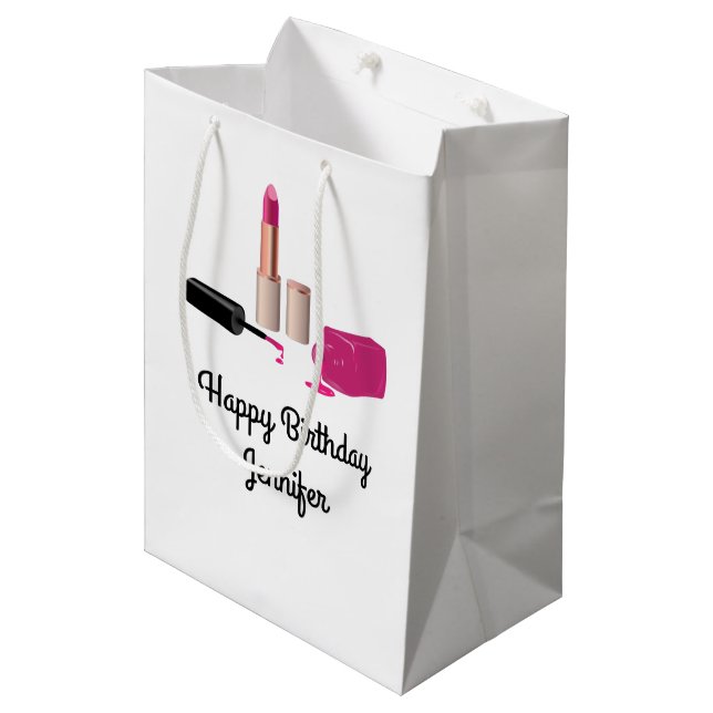 Pink Glam Lipstick & Nail Polish Beauty Themed Medium Gift Bag (Front Angled)