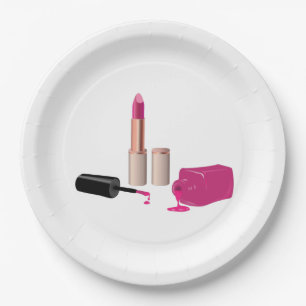 Pink Glam Lipstick & Nail Polish Beauty Themed Paper Plate