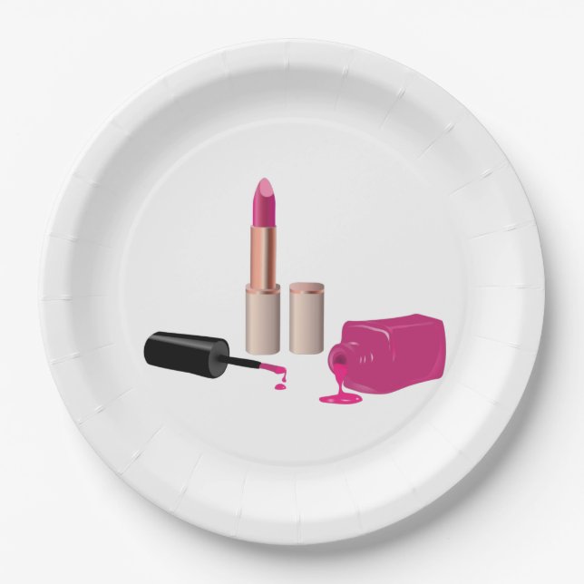 Pink Glam Lipstick & Nail Polish Beauty Themed Paper Plate (Front)
