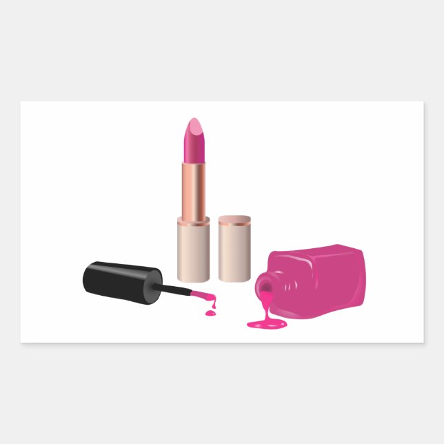 Pink Glam Lipstick & Nail Polish Beauty Themed Rectangular Sticker (Front)