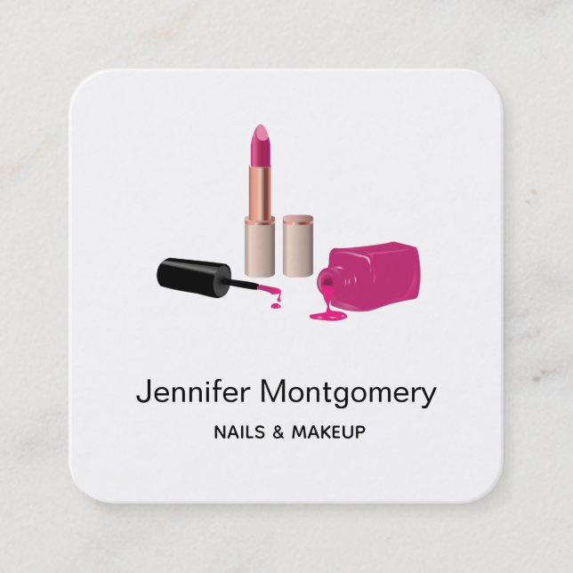Pink Glam Lipstick & Nail Polish Beauty Themed Square Business Card (Front)