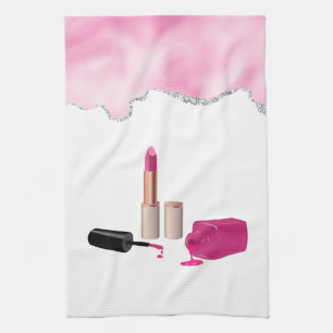 Pink Glam Lipstick & Nail Polish Beauty Themed Tea Towel