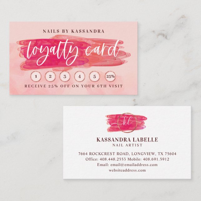 Pink Glam Nail Polish Brush Stroke Beauty Loyalty Business Card (Front/Back)