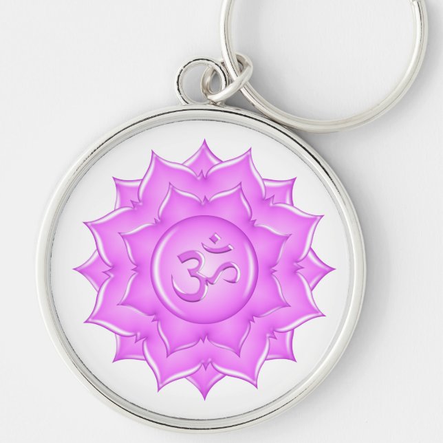 Pink Glass Lotus Flower Om Symbol Drawing Key Ring (Front)