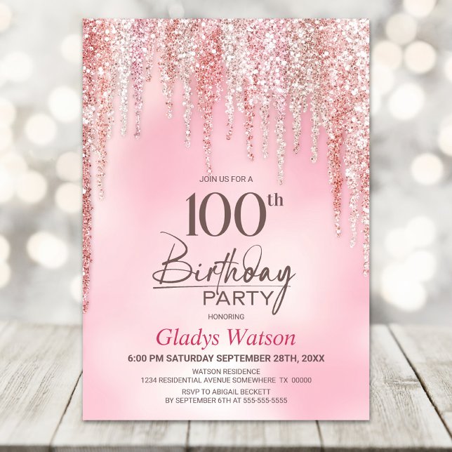 Pink Glitter 100th Birthday Party Invitation (Creator Uploaded)