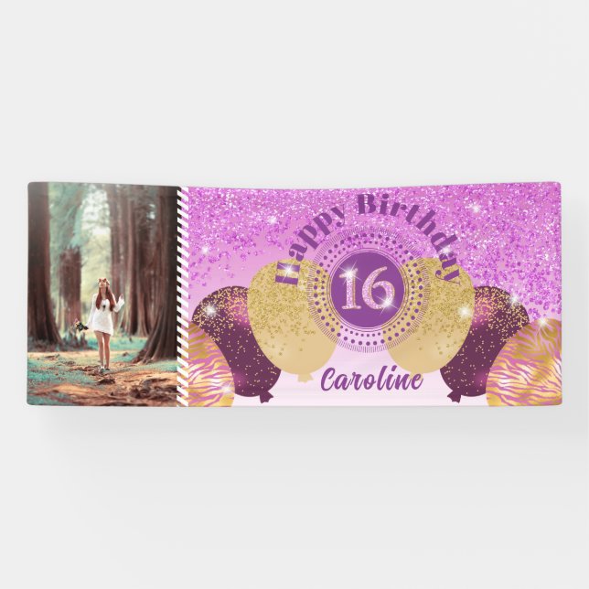 Pink Glitter 16th Birthday & Balloons  Banner (Horizontal)