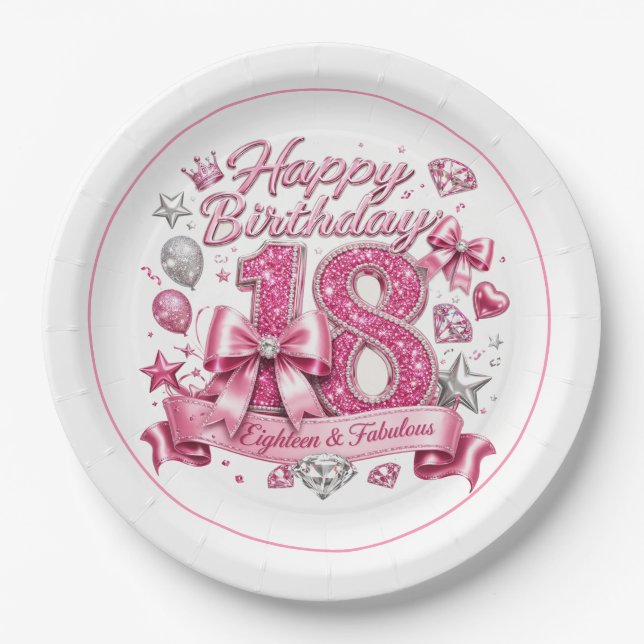 Pink Glitter 18th Birthday  Paper Plate (Front)