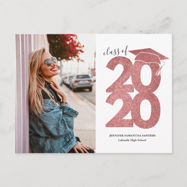 Pink Glitter 2020 Graduation Announcement Postcard (Front)