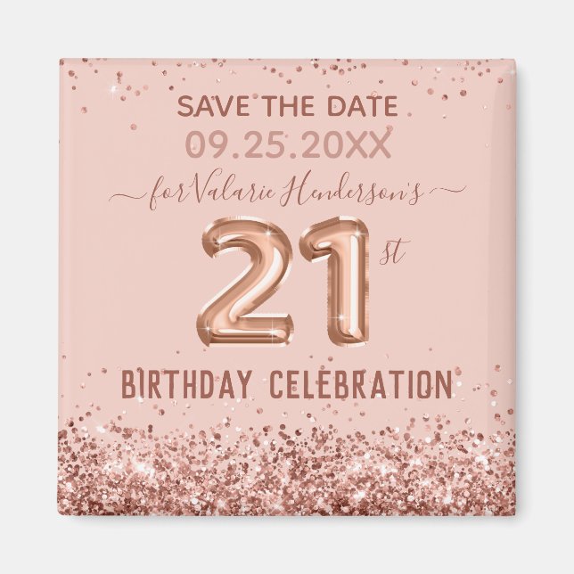 Pink Glitter 21st Birthday Save the Date Magnet (Front)