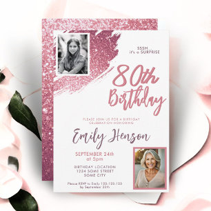 Pink Glitter 2 Photo Surprise 80th Birthday Invitation