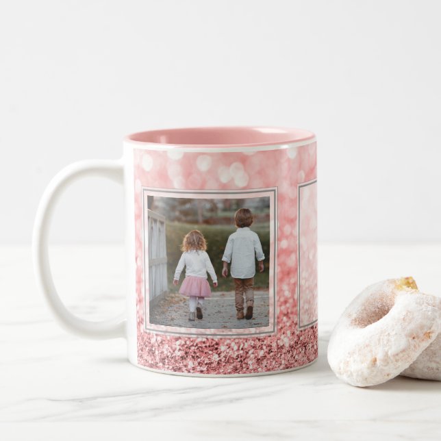 Pink Glitter 2 Pictures w/Text Design Your Own Two-Tone Coffee Mug (With Donut)