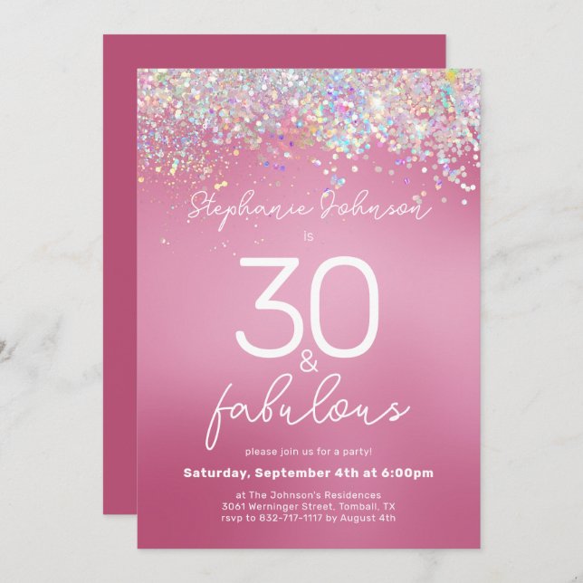 Pink Glitter 30 and Fabulous 30th Birthday Party Invitation (Front/Back)