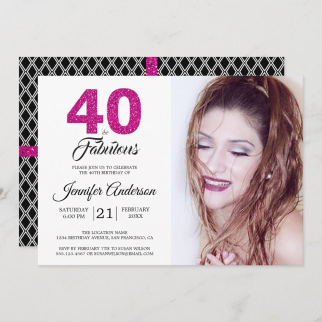 Pink Glitter 40 and Fabulous 40th Birthday Photo Invitation (Front/Back)