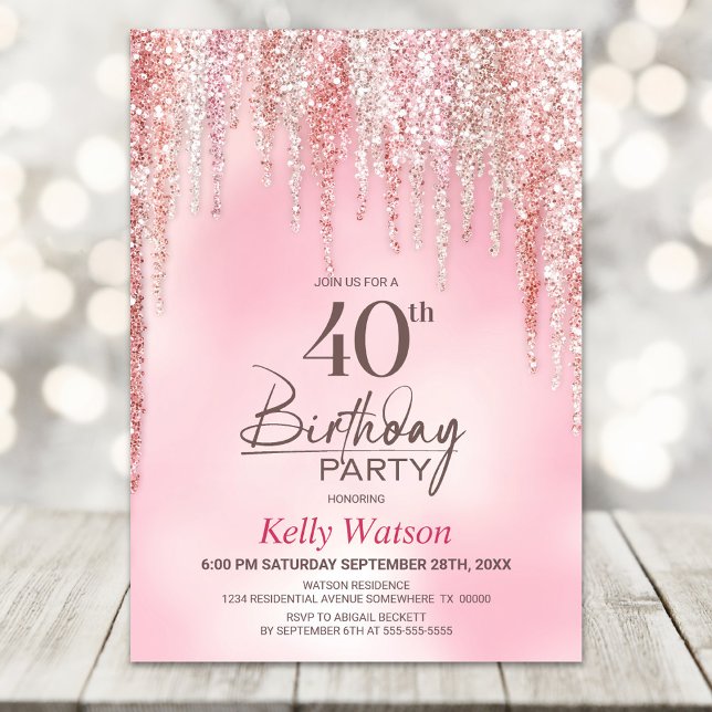 Pink Glitter 40th Birthday Party Invitation (Creator Uploaded)