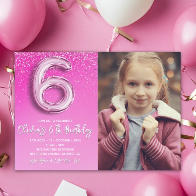 Pink Glitter 6th Birthday for Girl with Photo Invitation (Creator Uploaded)