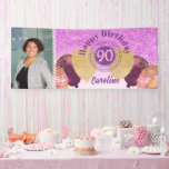 Pink Glitter 90th Birthday & Balloons  Banner<br><div class="desc">Festive Banner with Pink Glitter,  Party Balloons and Photo for her.</div>